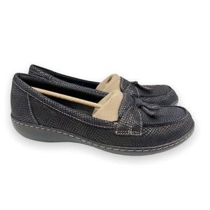 Clarks Women Size 9 Ashland Bubble‎ Snakeskin Print Black Comfort Loafers Shoes